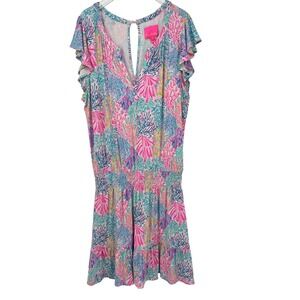 Lilly Pulitzer Ravi Romper Womens XL Coral Dress Skorts Drop Waist Splash Dance